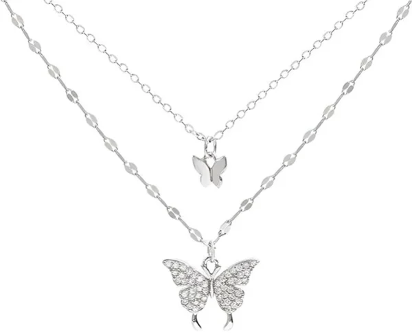 Elegant Double-Layer Silver Butterfly Pendant Necklace - Image 2