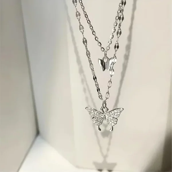 Elegant Double-Layer Silver Butterfly Pendant Necklace - Image 3