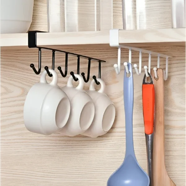 Durable 6-hook metal hanger designed for storing cups, mugs, kitchen utensils, and more. Features a space-saving design with a sturdy build, available in random colors.