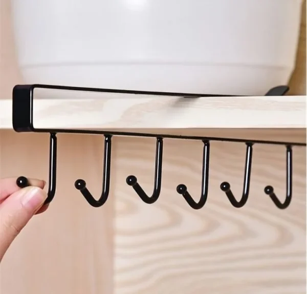 Durable 6-hook metal hanger designed for storing cups, mugs, kitchen utensils, and more. Features a space-saving design with a sturdy build, available in random colors.