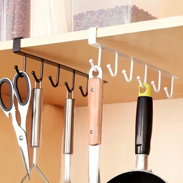 Durable 6-hook metal hanger designed for storing cups, mugs, kitchen utensils, and more. Features a space-saving design with a sturdy build, available in random colors.