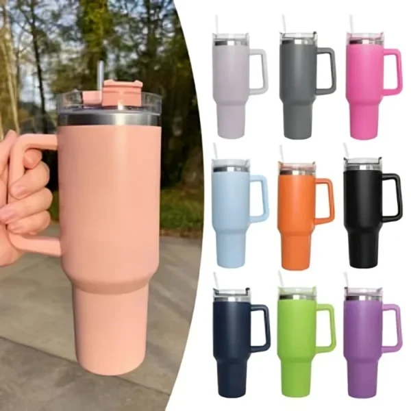 40oz Insulated Tumbler with Handle & Straw (Random Color)